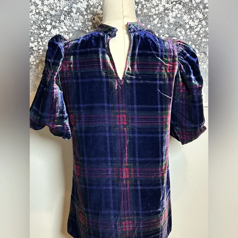 Boden Velvet Plaid Puff Sleeve Top - Navy, Red & Green size US 4 UK 8